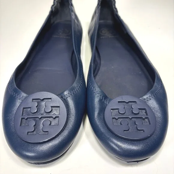 Tory Burch Minnie Reva Travel Leather Ballet Flats Navy Blue Womens Size 9 - Picture 3 of 11